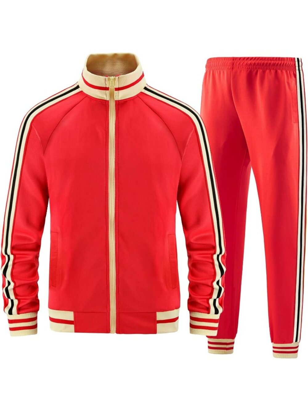 Men's 2 Piece Suit Red Slant Pocket Long Sleeve Full Zip Track Jacket Pant